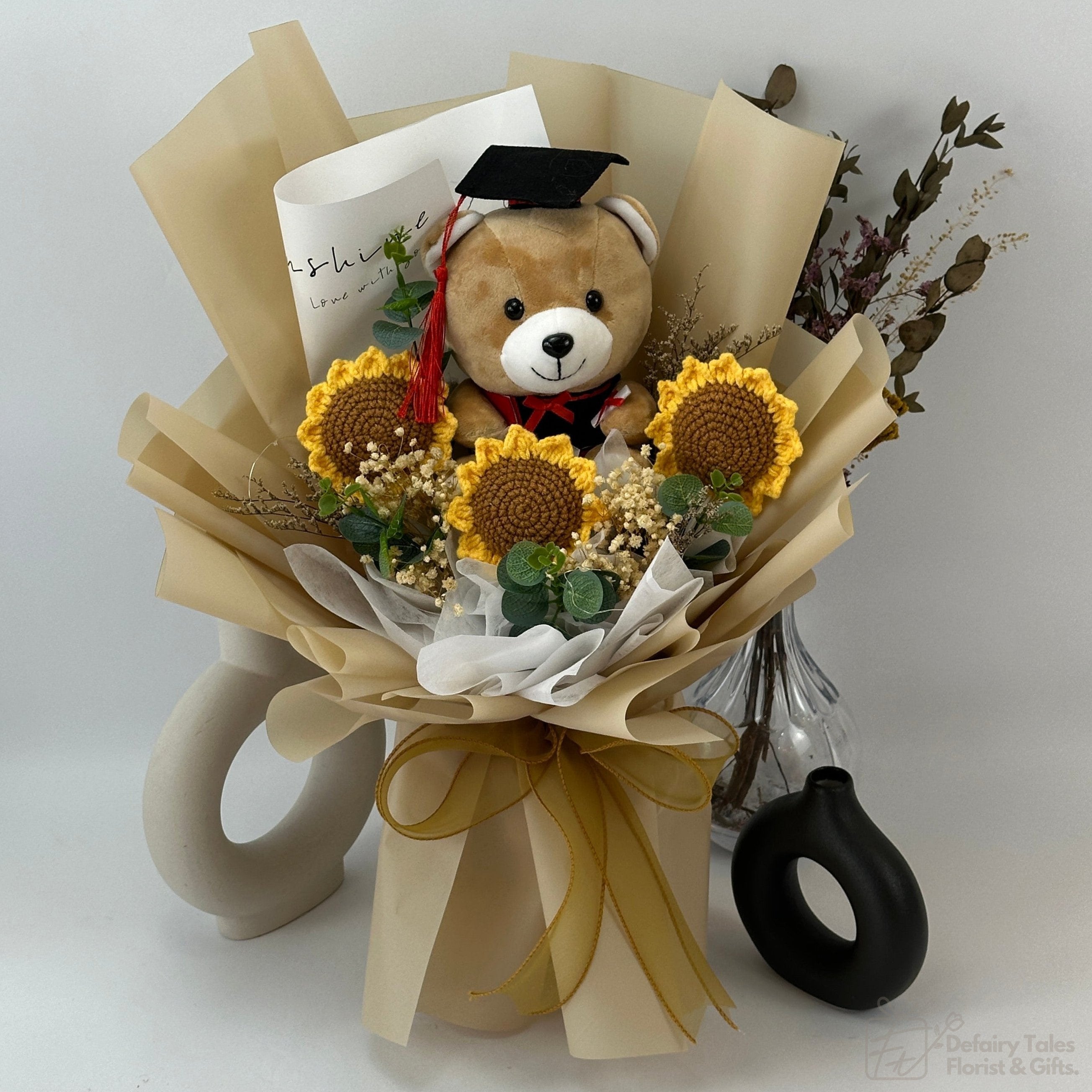 Scholarly Success - Crochet Flower Fusion Bouquet-Crochet Flower-3 stalks-Yellow-1-De Fairy Tales